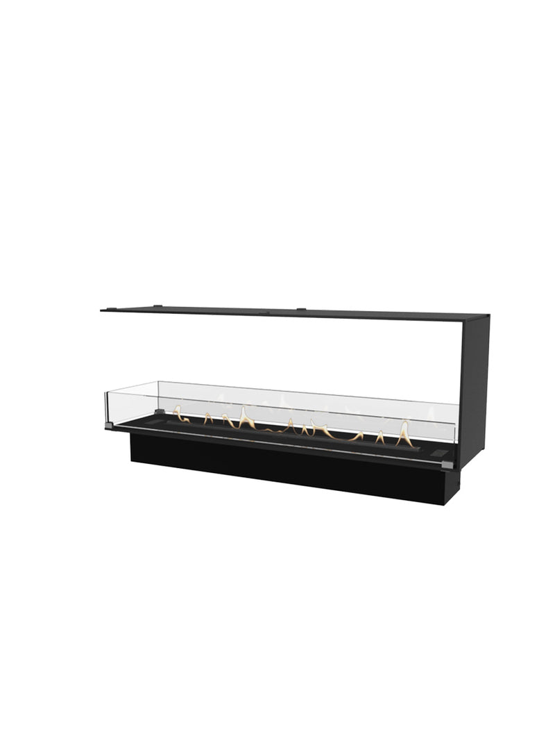 Stylish Decoflame Montreal 1200mm bioethanol fireplace with glass panels, showcasing flames from both sides in a modern setting.