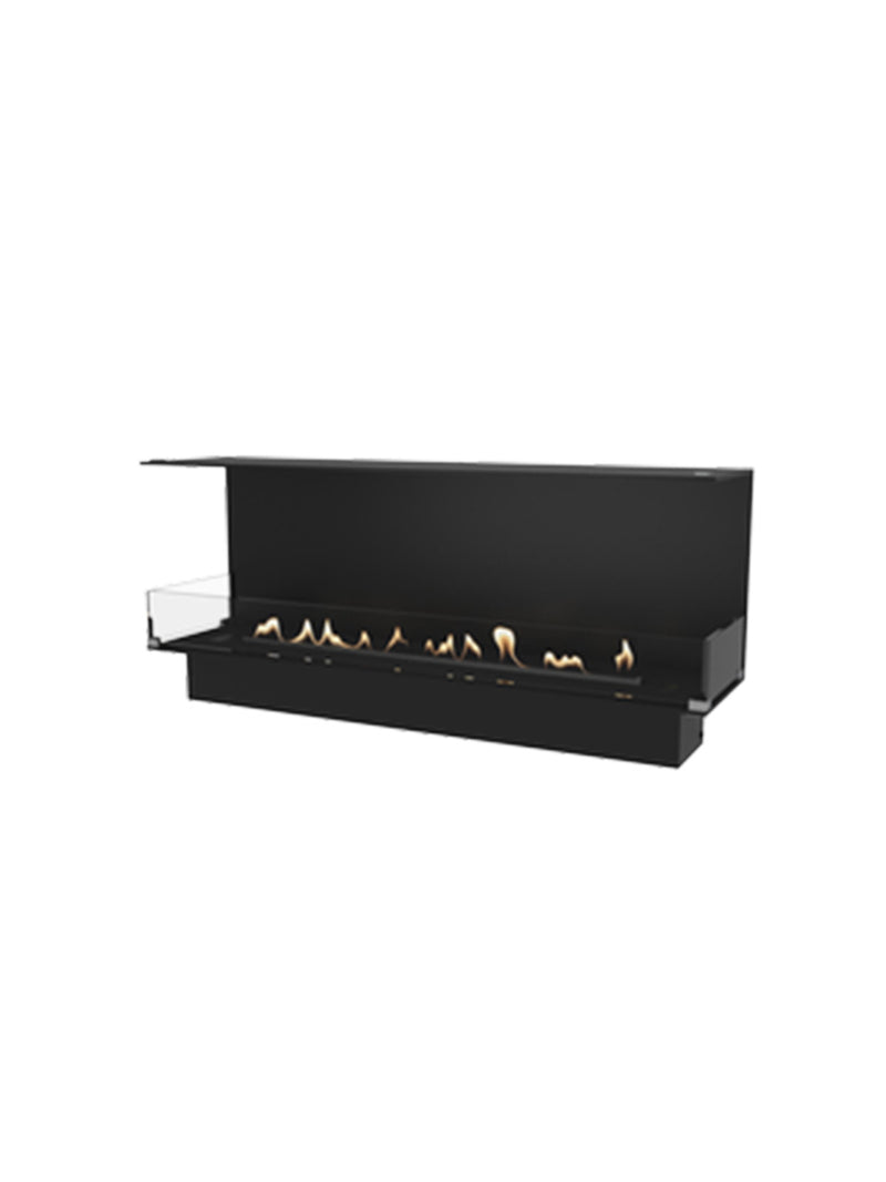 Side view of Decoflame Montreal 1200mm 3-sided bioethanol fireplace with glass panels showcasing the flame and burner.