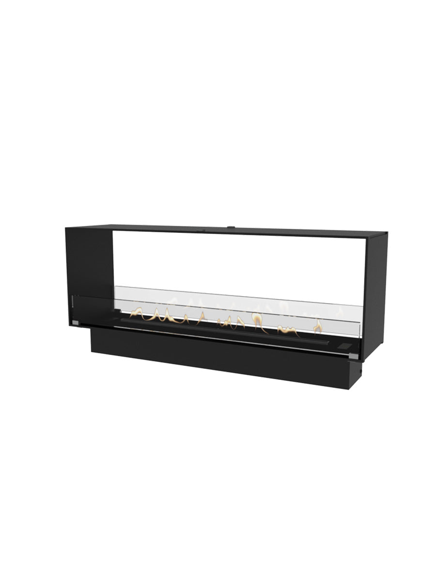 Modern 1200mm tunnel bioethanol fireplace with glass panels, showcasing flames from both sides in a sleek design.