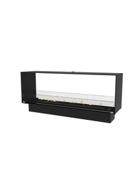 Modern 1200mm tunnel bioethanol fireplace with glass panels, showcasing flames from both sides in a sleek design.