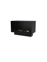 Front view of the Decoflame Montreal 800mm bioethanol fireplace with glass panel and flame, set in a modern interior.