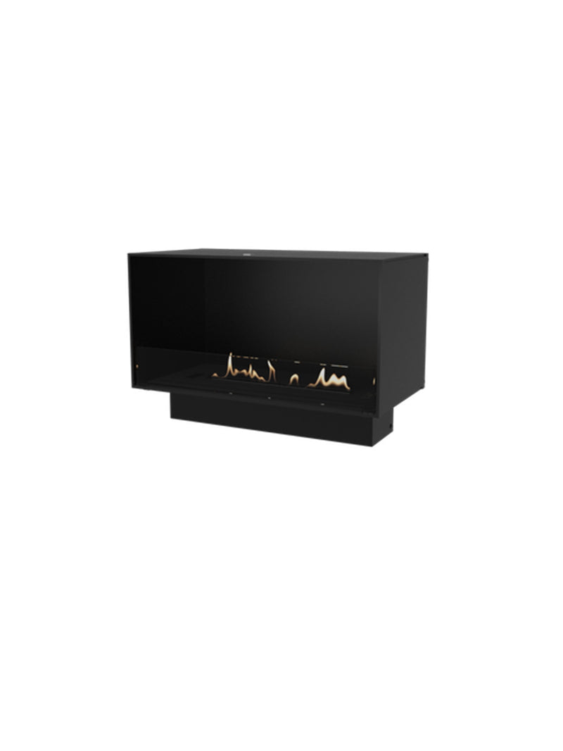 Front view of the Decoflame Montreal 800mm bioethanol fireplace with glass panel and flame, set in a modern interior.