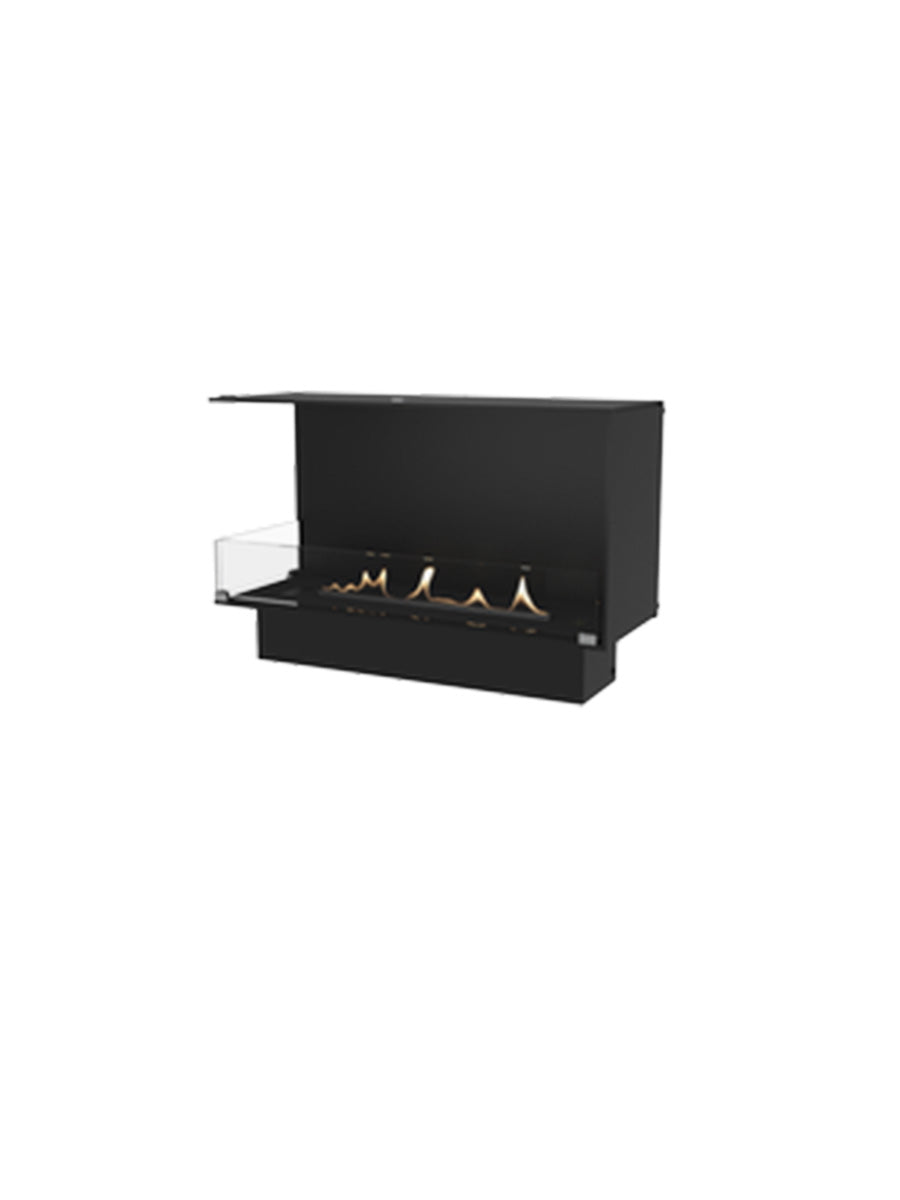 Left corner view of the Decoflame Montreal bioethanol fireplace with glass panel, showcasing the flame and sleek design.
