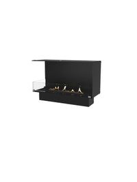 Left corner view of the Decoflame Montreal bioethanol fireplace with glass panel, showcasing the flame and sleek design.