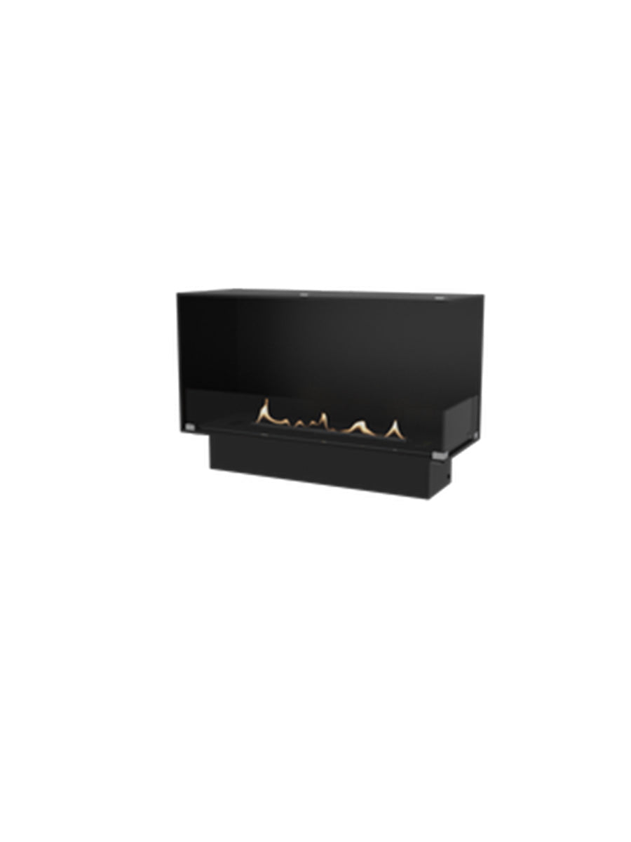 Right corner view of the Decoflame Montreal bioethanol fireplace with glass panel, showcasing the flame and sleek design.