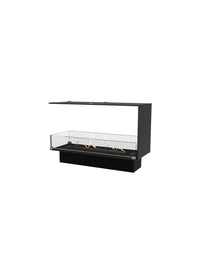 Elegant see-through bioethanol fireplace with glass panels, showcasing flames from both sides in a modern room setting.