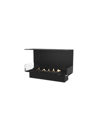Three-sided bioethanol fireplace with glass panels, showcasing flames and sleek design in a modern setting.