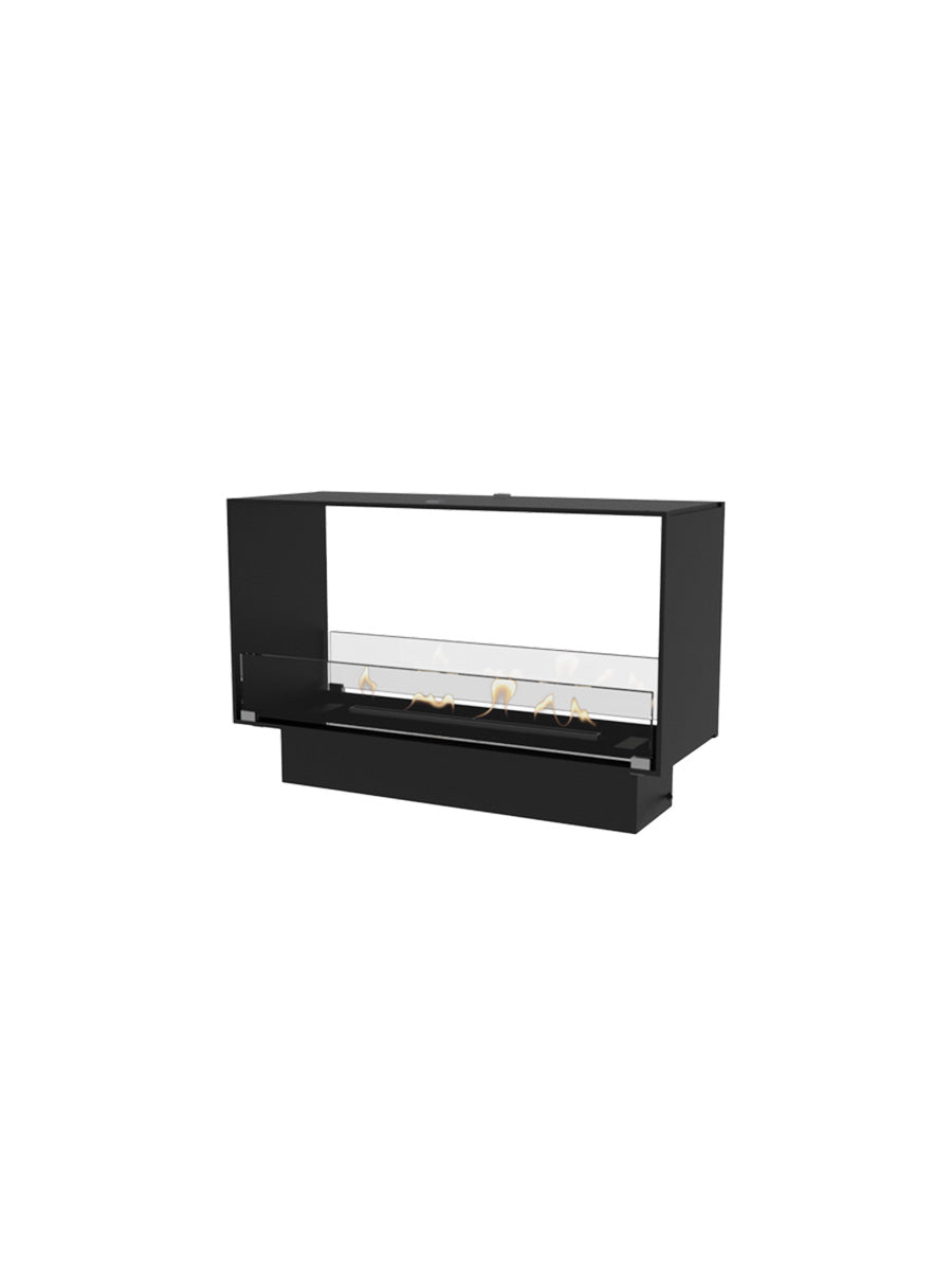 Stylish Decoflame Montreal 800mm tunnel bioethanol fireplace with glass panels, showcasing flames from both sides.