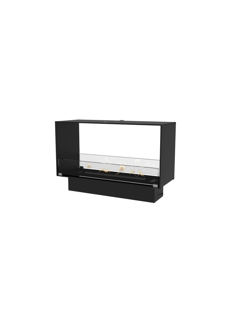 Stylish Decoflame Montreal 800mm tunnel bioethanol fireplace with glass panels, showcasing flames from both sides.