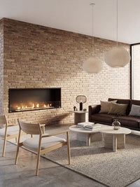 Side view of the Decoflame Montreal 1200mm bioethanol fireplace with a sleek glass panel and visible dancing flames.