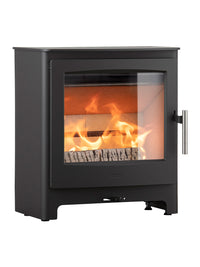 Side view of Heta Ambition 5 wood burning stove with cast iron door and large glass for flame visibility.
