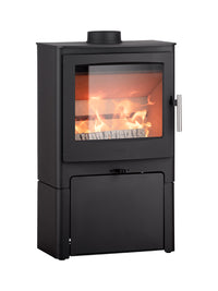 Heta Ambition 5 wood burning stove in black cast iron with large glass front, showcasing flames and sleek design.