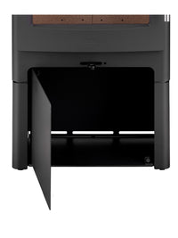 Side view of Heta Ambition 5 wood burning stove with cast iron door and large glass for flame visibility.