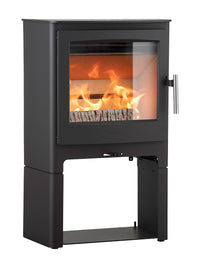 Side view of Heta Ambition 5 wood burning stove with cast iron door and large glass for flame visibility.