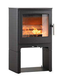 Side view of the Heta Ambition 8 wood burning stove, featuring a cast iron door and sleek design.