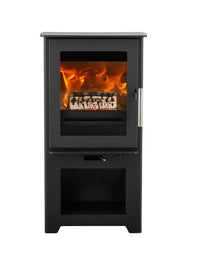 Side view of Heta Inspire 40 wood burning stove, showcasing its rugged steel body and cast iron door.