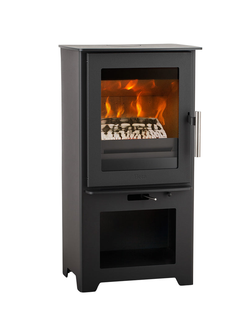 Side view of Heta Inspire 40 wood burning stove, showcasing its sleek steel body and cast iron door.