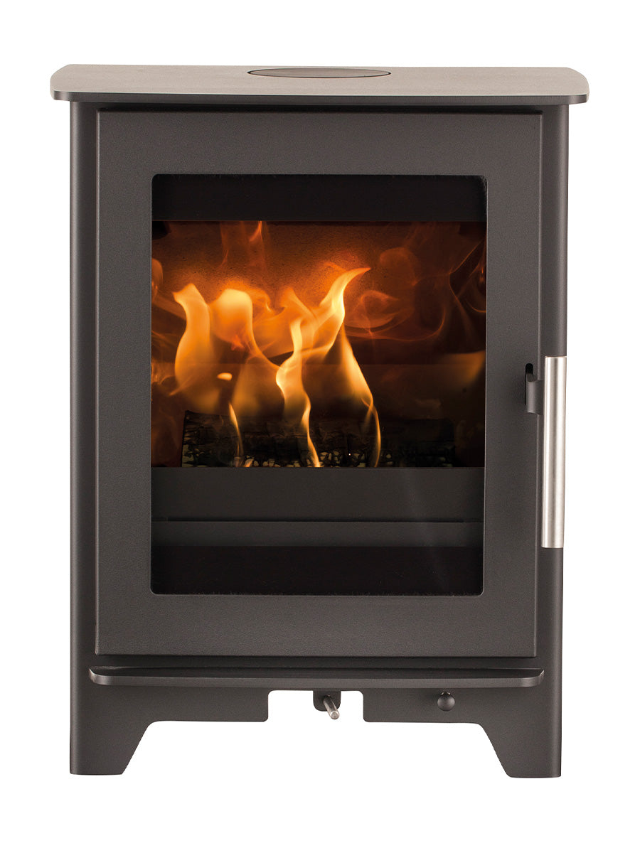 Compact black steel Heta Inspire 40 wood burning stove with cast iron door, showcasing modern design and sturdy build.