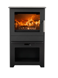 Side view of Heta Inspire 45 wood burning stove, showcasing its rugged steel body and cast iron door.