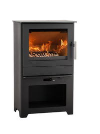 Side view of Heta Inspire 45 wood burning stove, showcasing its sleek steel body and cast iron door.