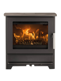 Side view of the Heta Inspire 45 wood burning stove, showcasing its rugged steel body and cast iron door.
