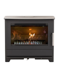 Side view of the Heta Inspire 55H wood burning stove in black steel, showcasing the panoramic flame and integrated log store.
