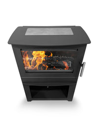 Side view of the Heta Inspire 55 wood burning stove, showcasing its steel body and panoramic flame view.