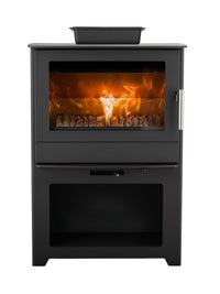 Side view of the Heta Inspire 55 wood burning stove showcasing its steel body and panoramic flame view.