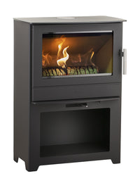 Side view of the Heta Inspire 55 wood burning stove, showcasing its steel body and panoramic flame view.