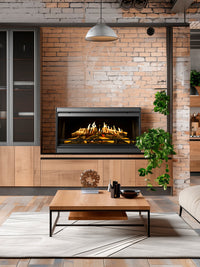 Side view of Kalfire E-One 100F FR electric fire with sleek steel casing and holographic flames on logs.