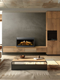 Side view of Kalfire E-One 100F FR electric fire showcasing sleek steel casing and holographic flames with logs.