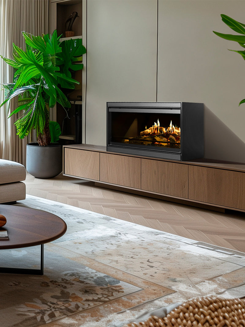 Freestanding Kalfire E-One 100F FR electric fire with sleek steel casing and holographic flames, front view.