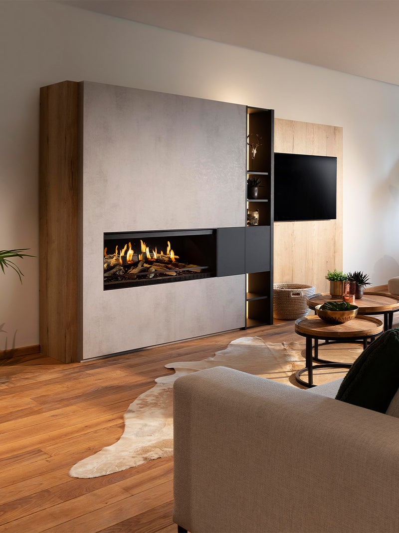 Front view of Kalfire E-One 100F electric fire with holographic flames, glass window, and ceramic logs in a sleek design.