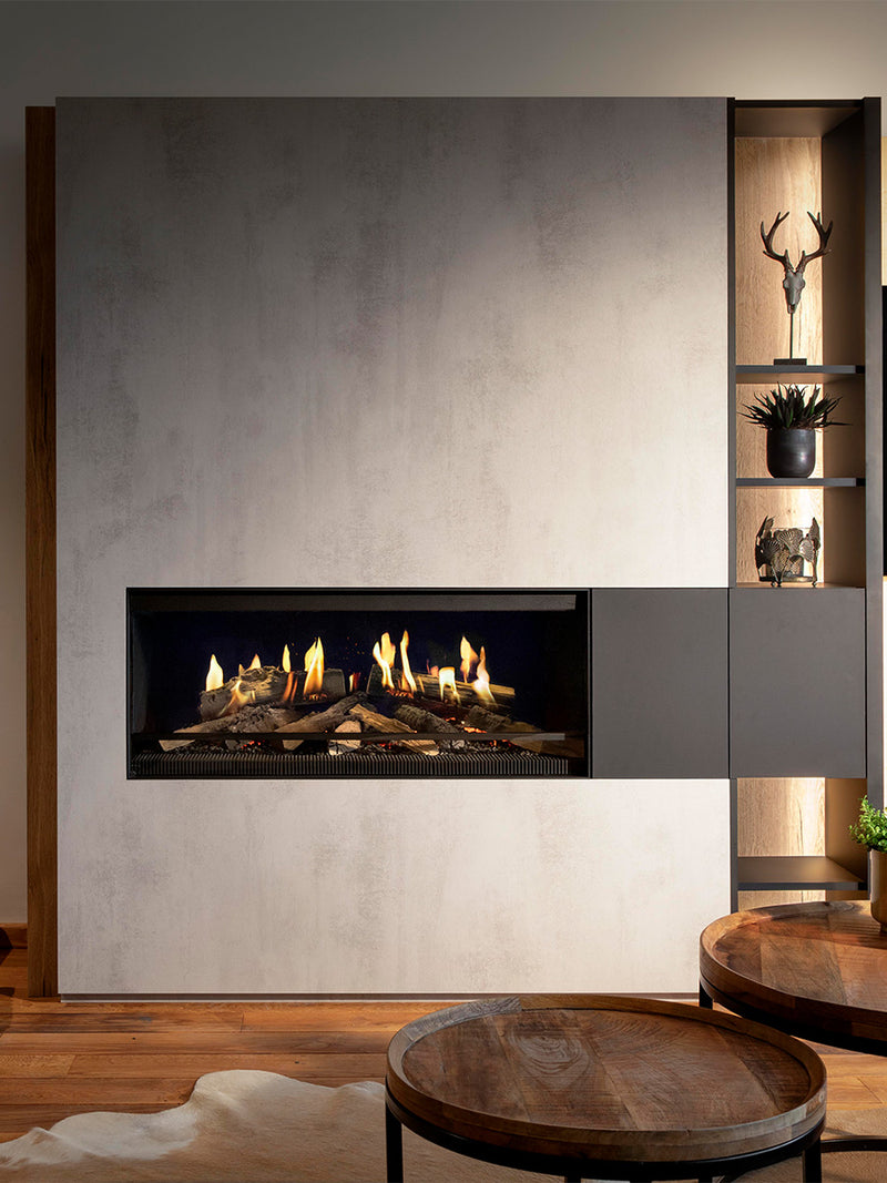 Front view of Kalfire E-One 100F electric fireplace with holographic flames, ceramic logs, and a sleek glass design.