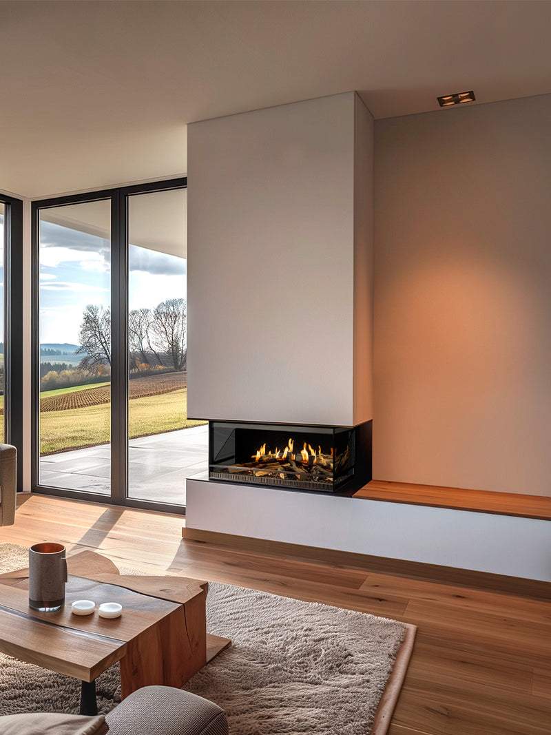 Three-sided view of the Kalfire E-One 100S electric fire, showcasing its sleek glass design and vibrant holographic flames.