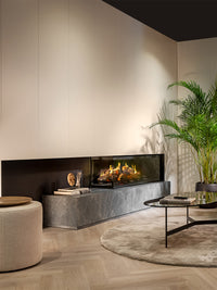 Side view of Kalfire E-One 130C corner electric fire with holographic flames, ceramic logs, and glass panels.