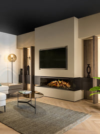 Side view of Kalfire E-One 130S electric fire showcasing three-sided glass and holographic flames in a modern setting.