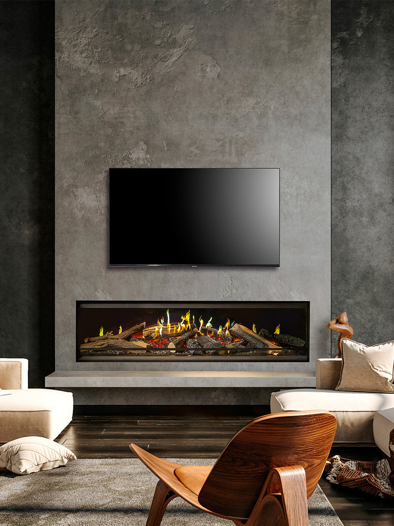 Front view of Kalfire E-One 160F electric fireplace with holographic flames and ceramic logs in a sleek design.