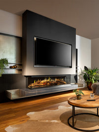 Side view of Kalfire E-One 160S three-sided electric fire showcasing panoramic flames and ceramic logs.