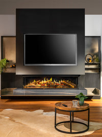 Three-sided view of Kalfire E-One 160S electric fire with panoramic flames and handmade ceramic logs.