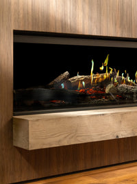 Front view of Kalfire E-One 190F electric fire showcasing holographic flames and realistic logs in a sleek design.