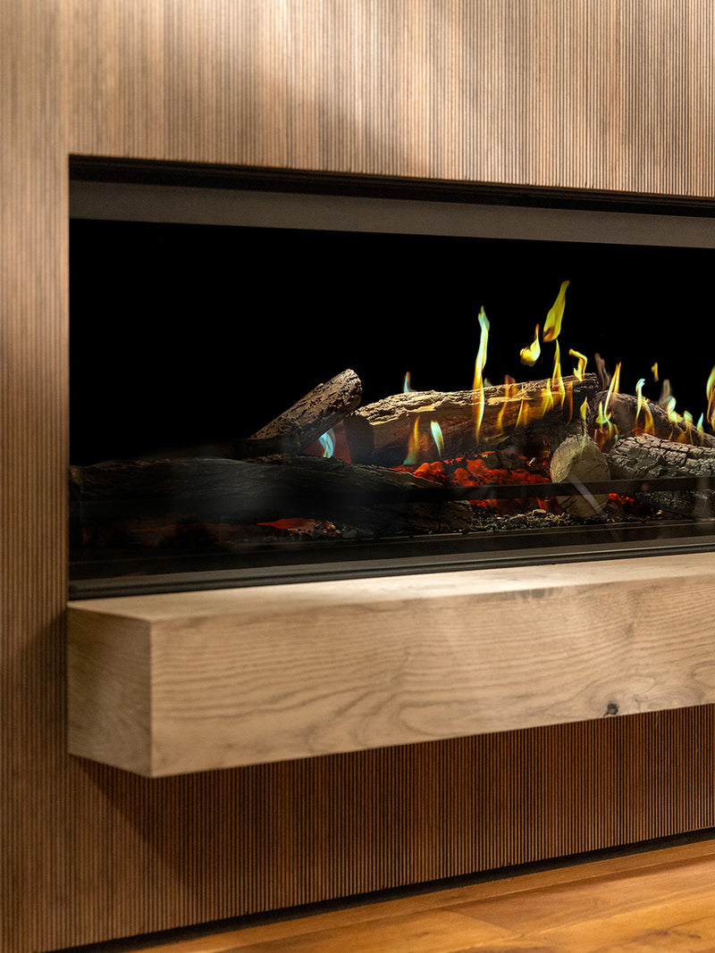 Front view of Kalfire E-One 190F electric fire showcasing holographic flames and realistic logs in a sleek design.