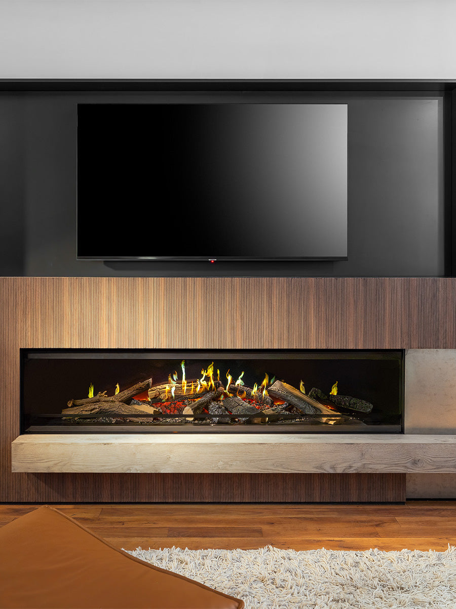 Front view of Kalfire E-One 190F electric fire with holographic flames, handmade logs, and a sleek glass design.