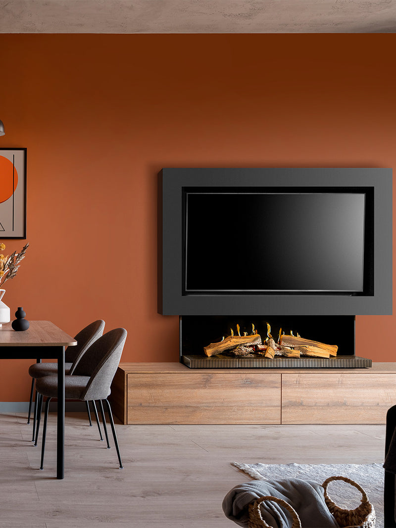 Side view of Kalfire E-Series E55 electric fireplace with glowing flames and ember bed, sleek black finish.
