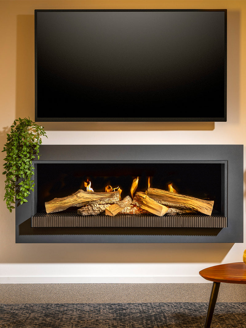Sleek black Kalfire E-55 electric fireplace with glowing flames and RGB lighting, designed for TV stands or wall mounting.