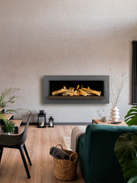 Side view of Kalfire E-Series E65 electric fireplace with realistic flames and glowing logs, designed for media wall integration.