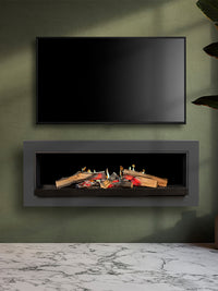 Side view of Kalfire E65 electric fireplace with realistic flames and glowing logs, designed for media wall integration.