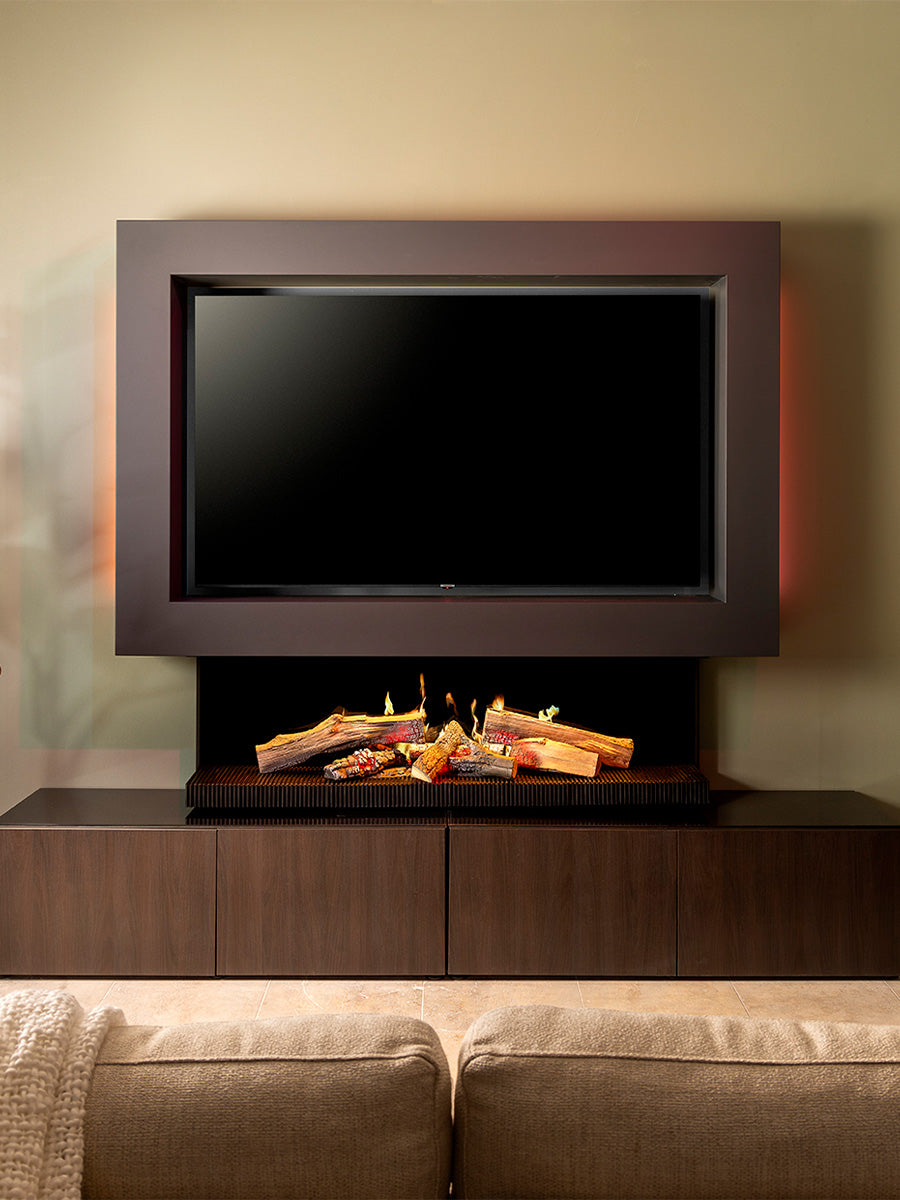 Sleek Kalfire E65 electric fireplace with realistic flames and glowing logs, designed for TV stands or media walls.