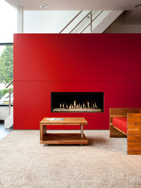 Side view of Kalfire G100/41F gas fire showcasing sleek black frame and large glass window with realistic flames.