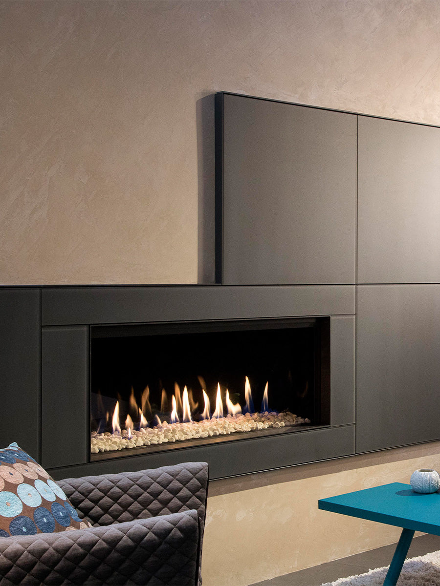 Front view of Kalfire G100/41F gas fire with a sleek black frame and large glass window showcasing realistic flames.